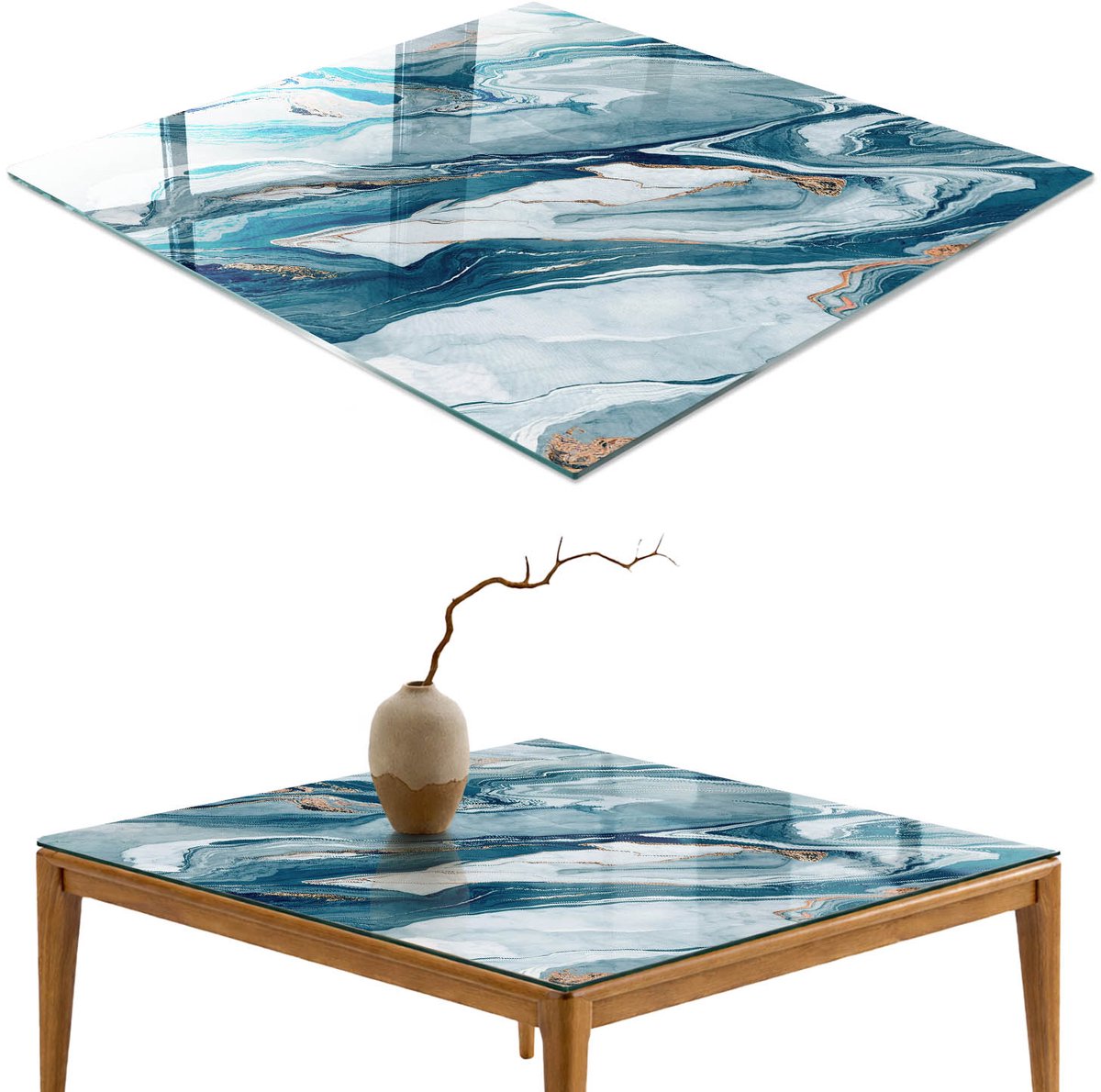 ArtPrintCave Abstracte golven Glazen Tafelblad 60x60 cm - Tafelblad Rechthoek - Blauw Keukentafel - Abstractie Tafelblad Glas