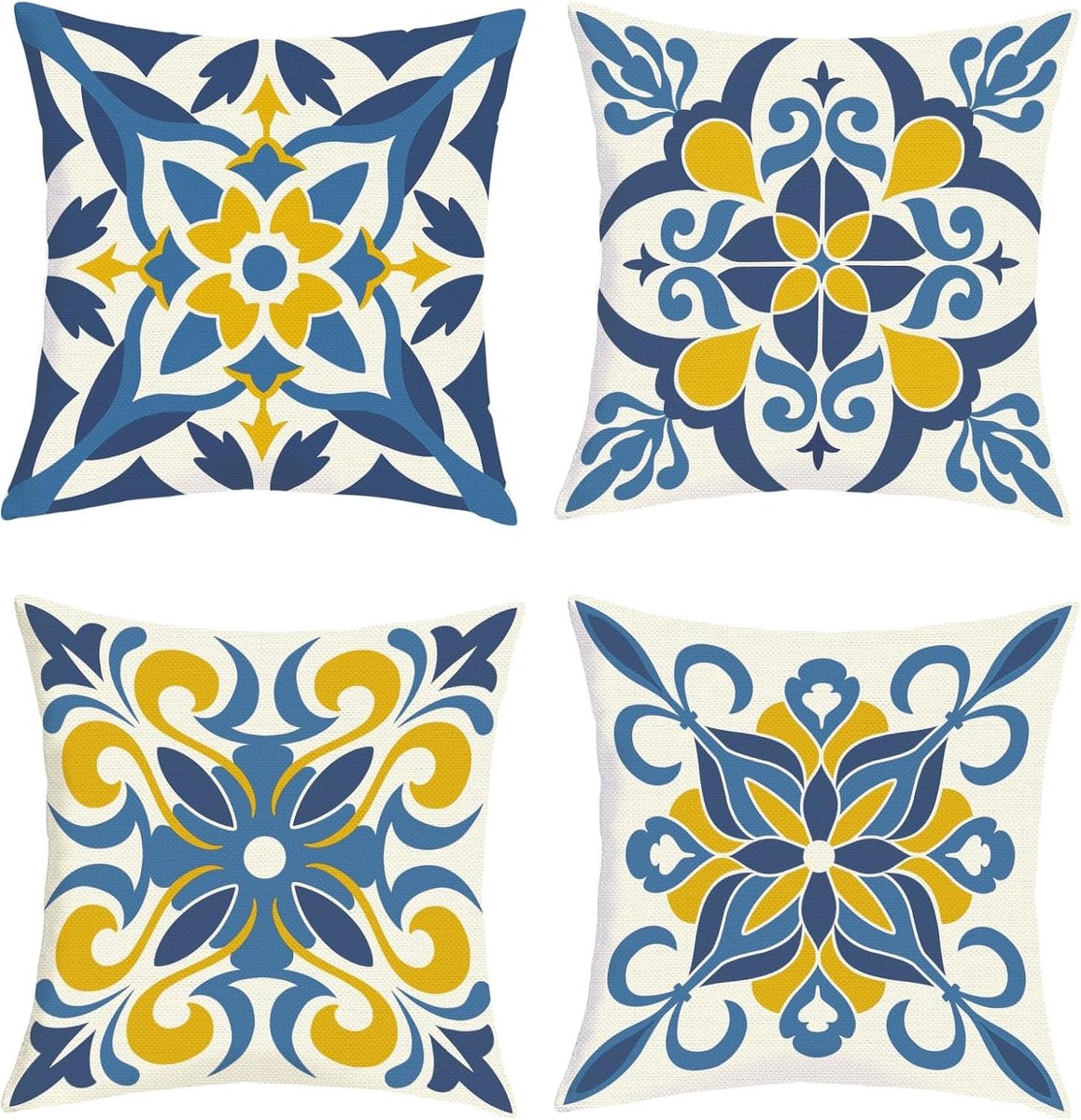 Vintage Boho Mandala Kussenhoezen 45 x 45 cm - Set van 4 Decoratieve Bloemen Kussens met Onzichtbare Rits voor Mediterraanse en Marokkaanse Interieurs