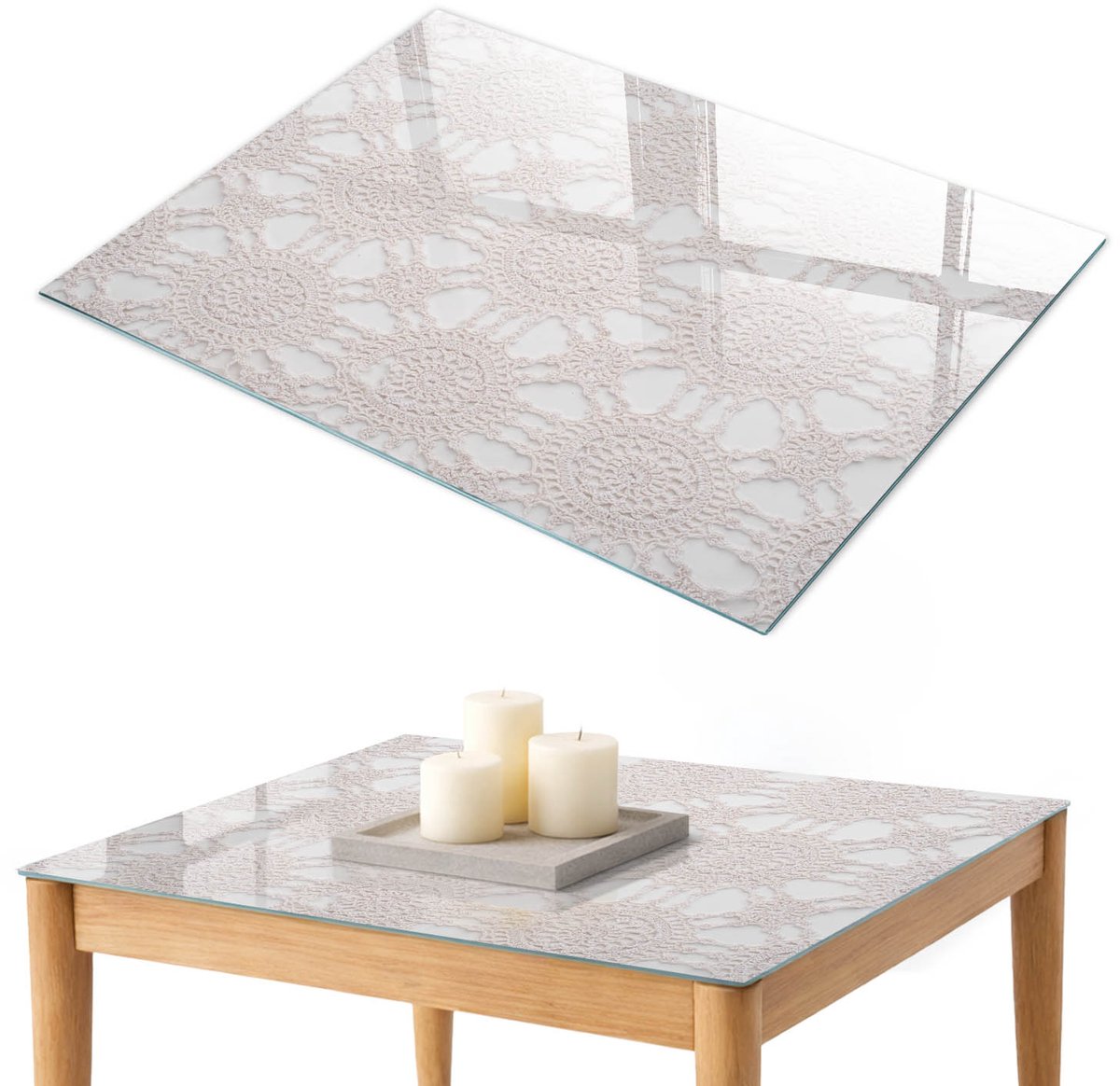 ArtPrintCave Opengewerkte elegantie Glazen Tafelblad 100x70 cm - Tafelblad Rechthoek - Wit Tafelblad Glas - Teksten Eettafel Met Glasplaat