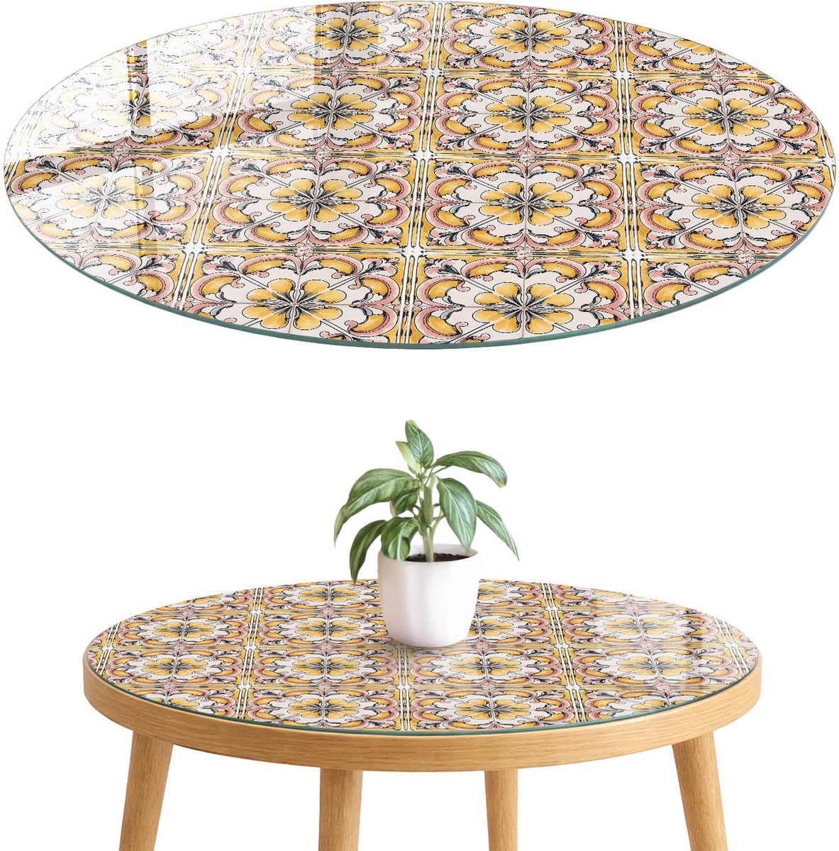 ArtPrintCave Bloemenpatroon Glazen Tafelblad fi70 cm - Tafelblad Rond - Geel Keukentafel - Achtergronden en patronen Bureaublad