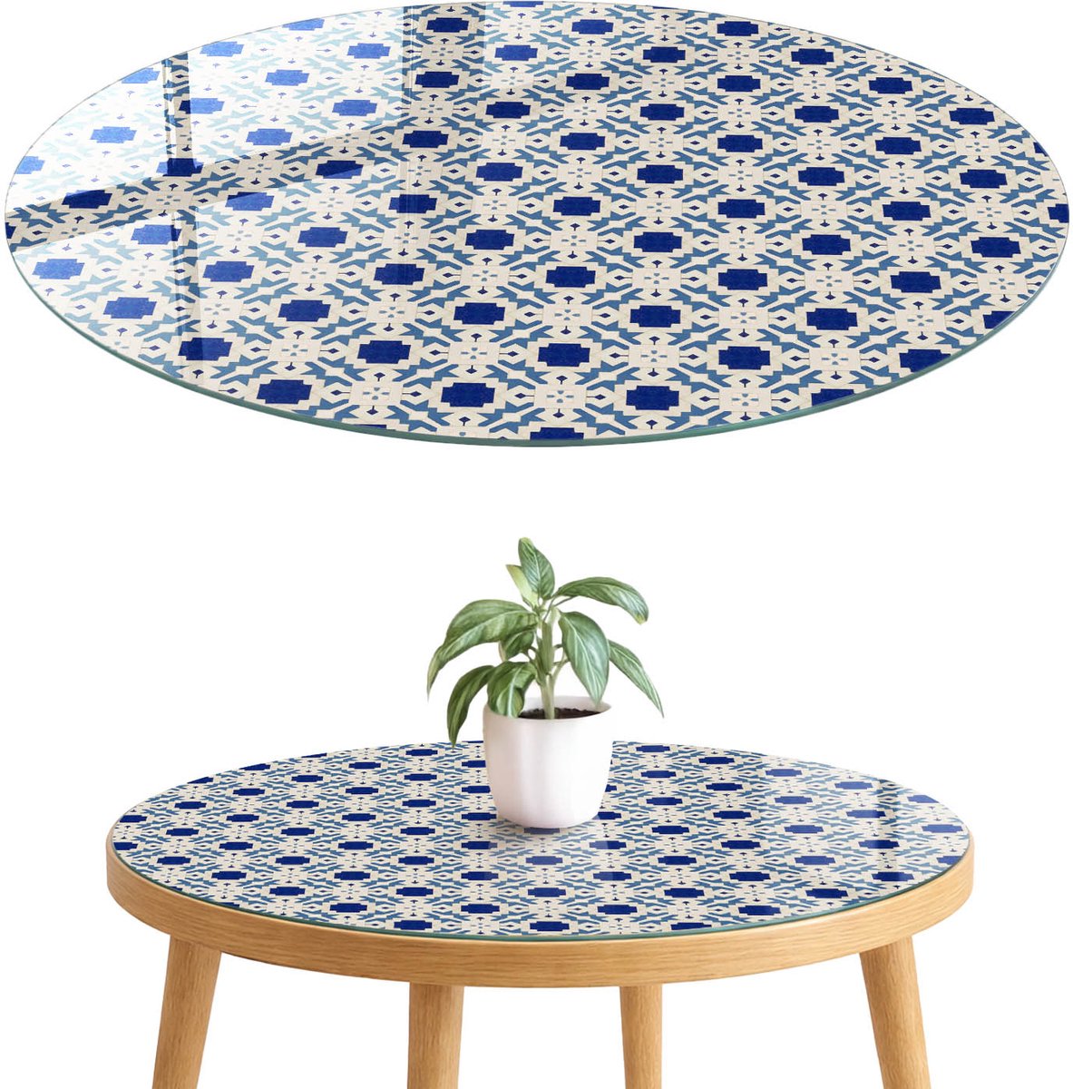 ArtPrintCave Geometrische mozaïek Glazen Tafelblad fi70 cm - Tafelblad Rond - Blauw Eettafel Met Glasplaat - Achtergronden en patronen Bureaublad
