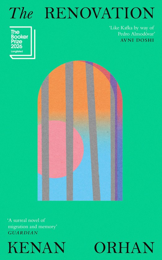 Boek 'The Renovation' met groen met een abstracte afbeelding van een boog met pastelkleurige strepen en cirkels.