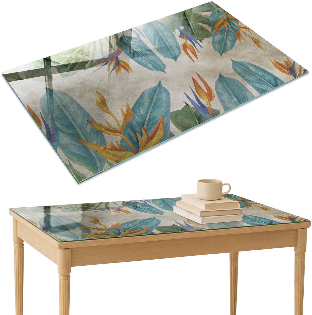 ArtPrintCave Tropische flora Glazen Tafelblad 120x80 cm - Tafelblad Rechthoek - Blauw Tafelblad Glas - Bloemen en planten Terrastafel