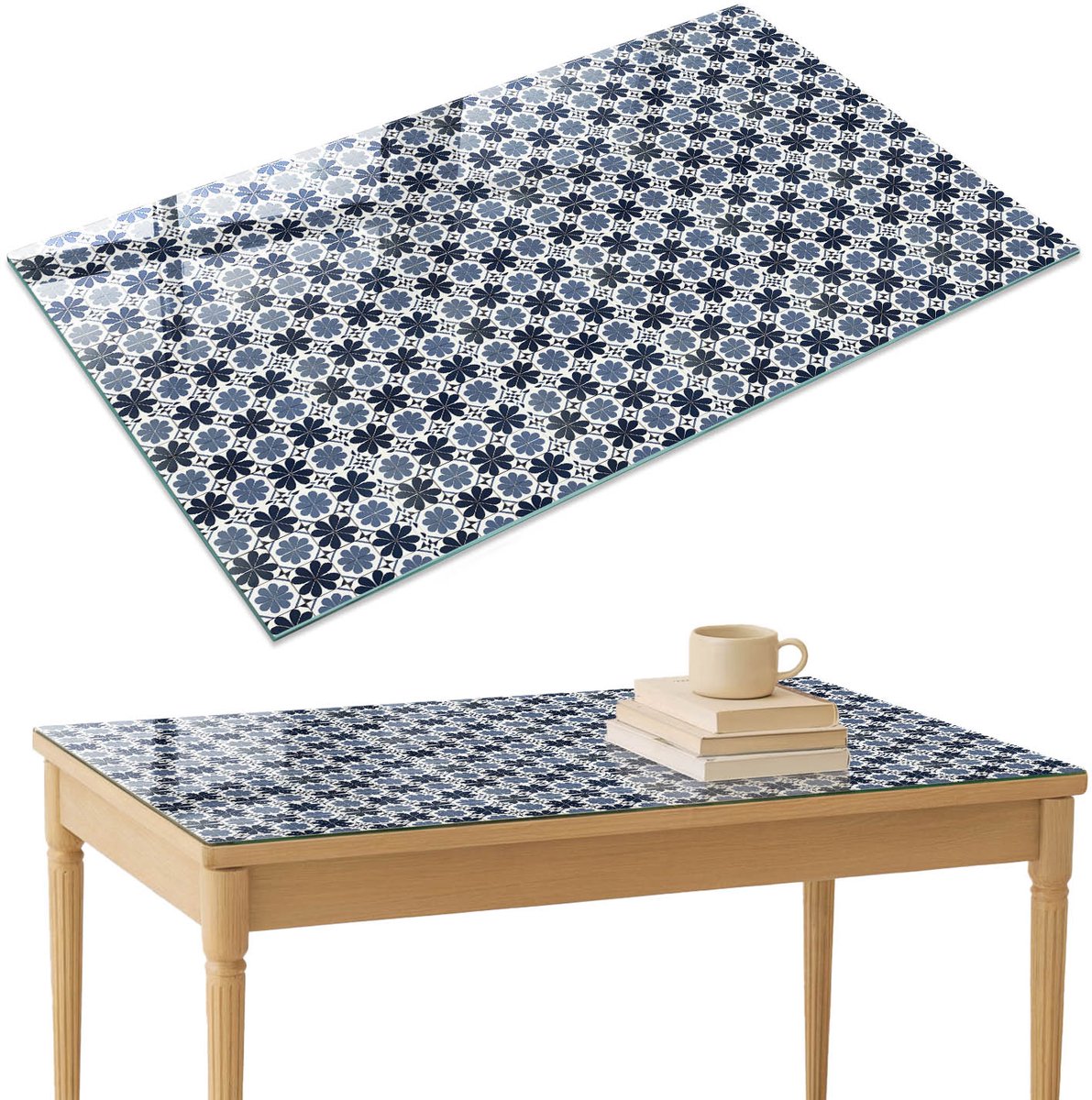 ArtPrintCave Blauwe bloemen Glazen Tafelblad 120x80 cm - Tafelblad Rechthoek - Blauw Tafelblad Glas - Achtergronden en patronen Tafelblad Glas