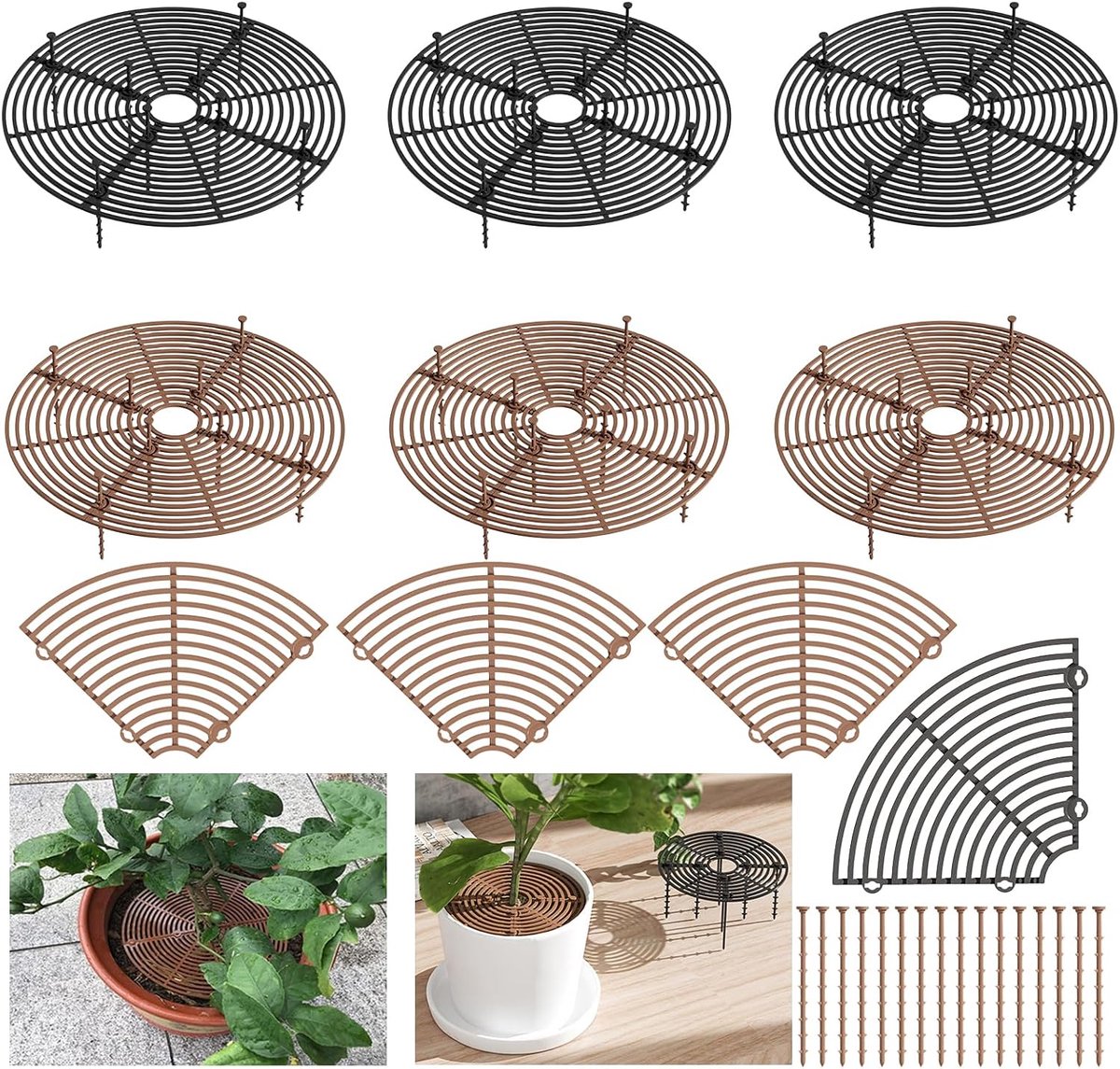 6 stuks ronde plantenbeschermingsroosters, 30 cm bloempotbescherming, katten, bloempotstandaard, bloempotafdekking voor kinderen huisdieren (zwart + bruin)