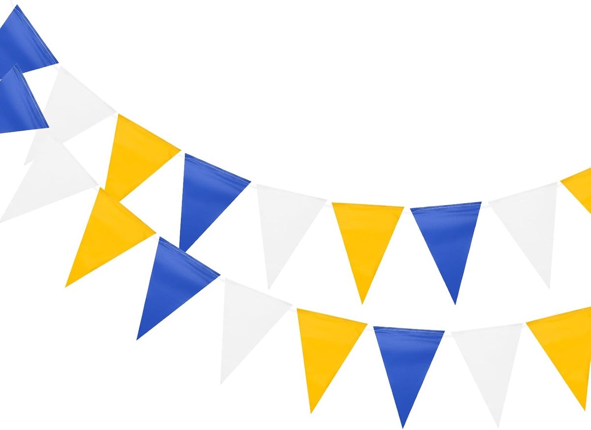 1 stuk 98 voet vlagbanner vlaggenketting driehoek hangende driehoekige wimpel vlaggen voor feestelijke, bruiloft, verjaardagsfeest decoraties, diepblauw, geel, wit
