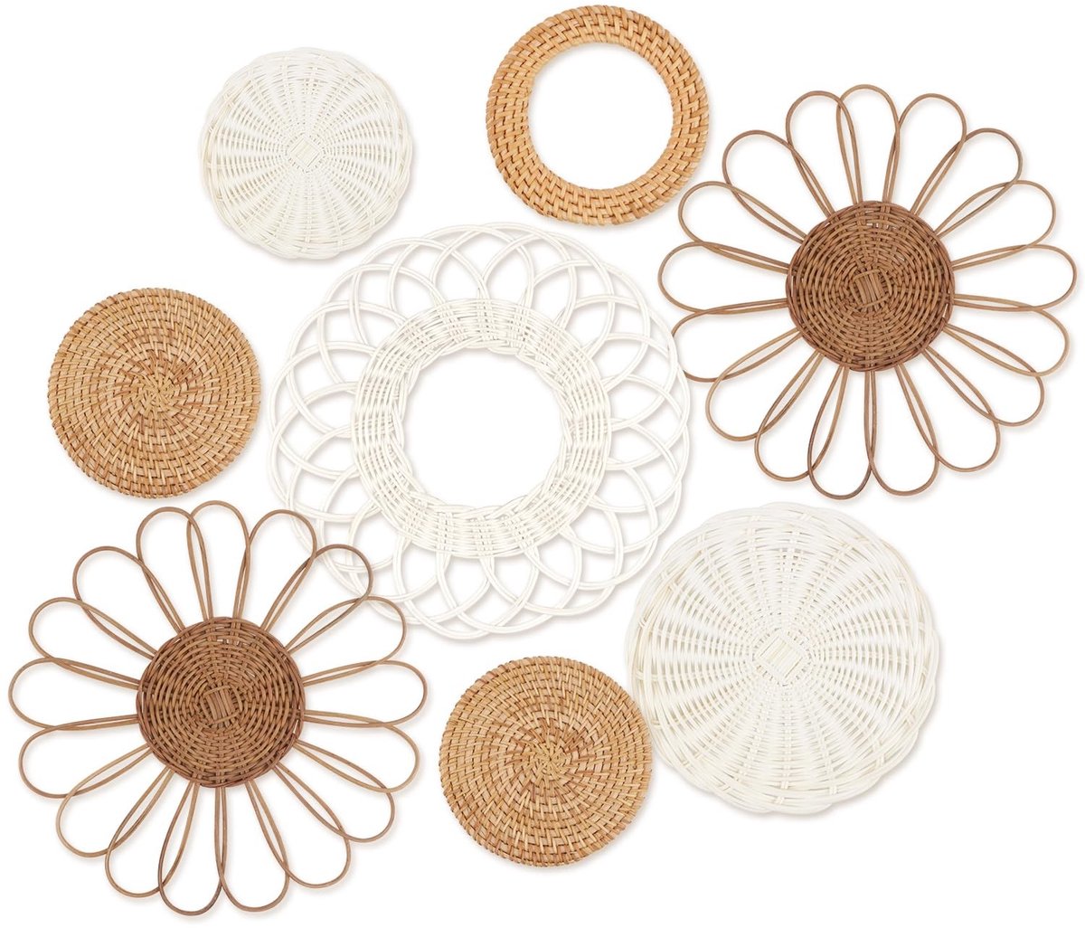 Omgoods - Boho Wanddecoratie Set van 8 Geweven Wandmanden - Rattan Bloemmanden voor Woonkamer en Kinderkamer