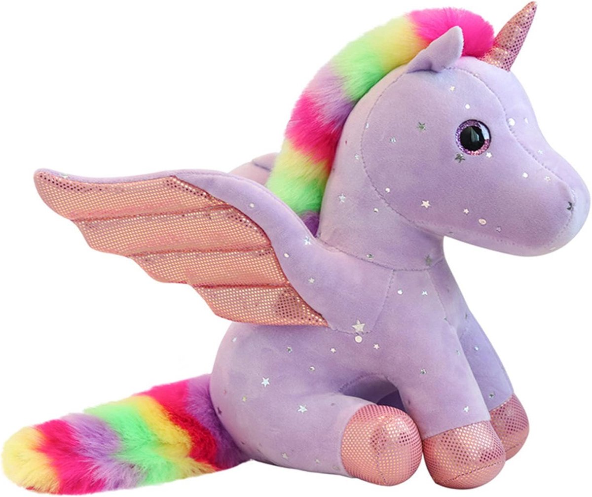 knuffeldier, glanzend, meerkleurig, regenboog, engel, eenhoorn, Pegasus, Kawaii zacht, 23 cm, cadeau voor Kerstmis, verjaardag, paars