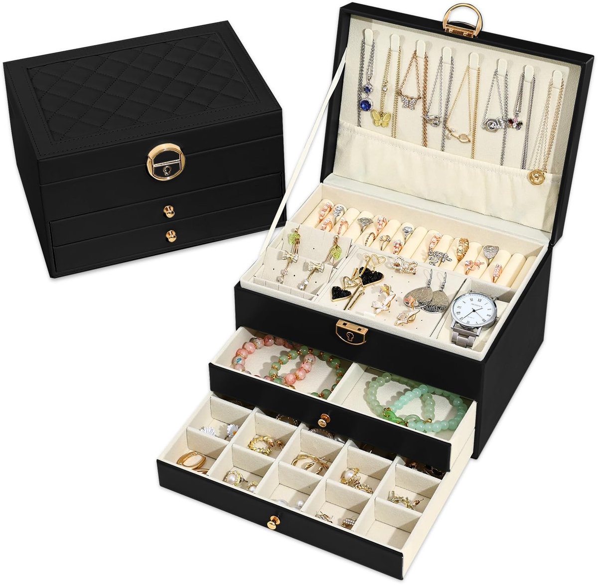 Omgoods - Luxe 3-Laags Sieradenbox met 2 Lades (Zwart)