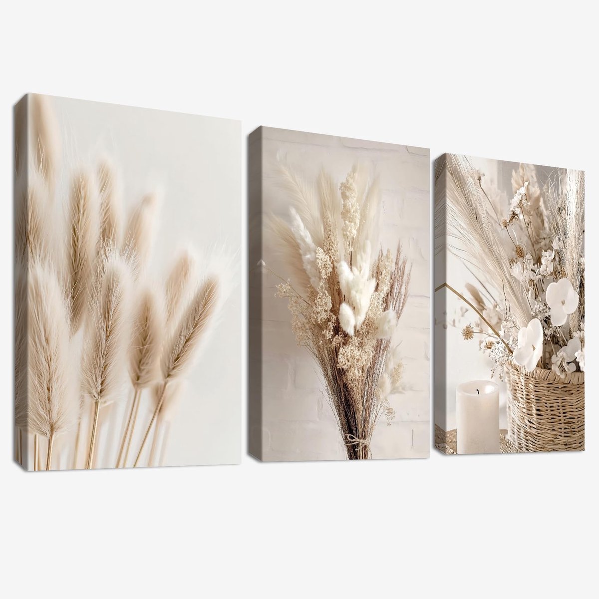 Omgoods - 3-Delige Set Houten Wanddecoraties - Boho Beige Pampasgras Schilderijen voor Diverse Ruimtes
