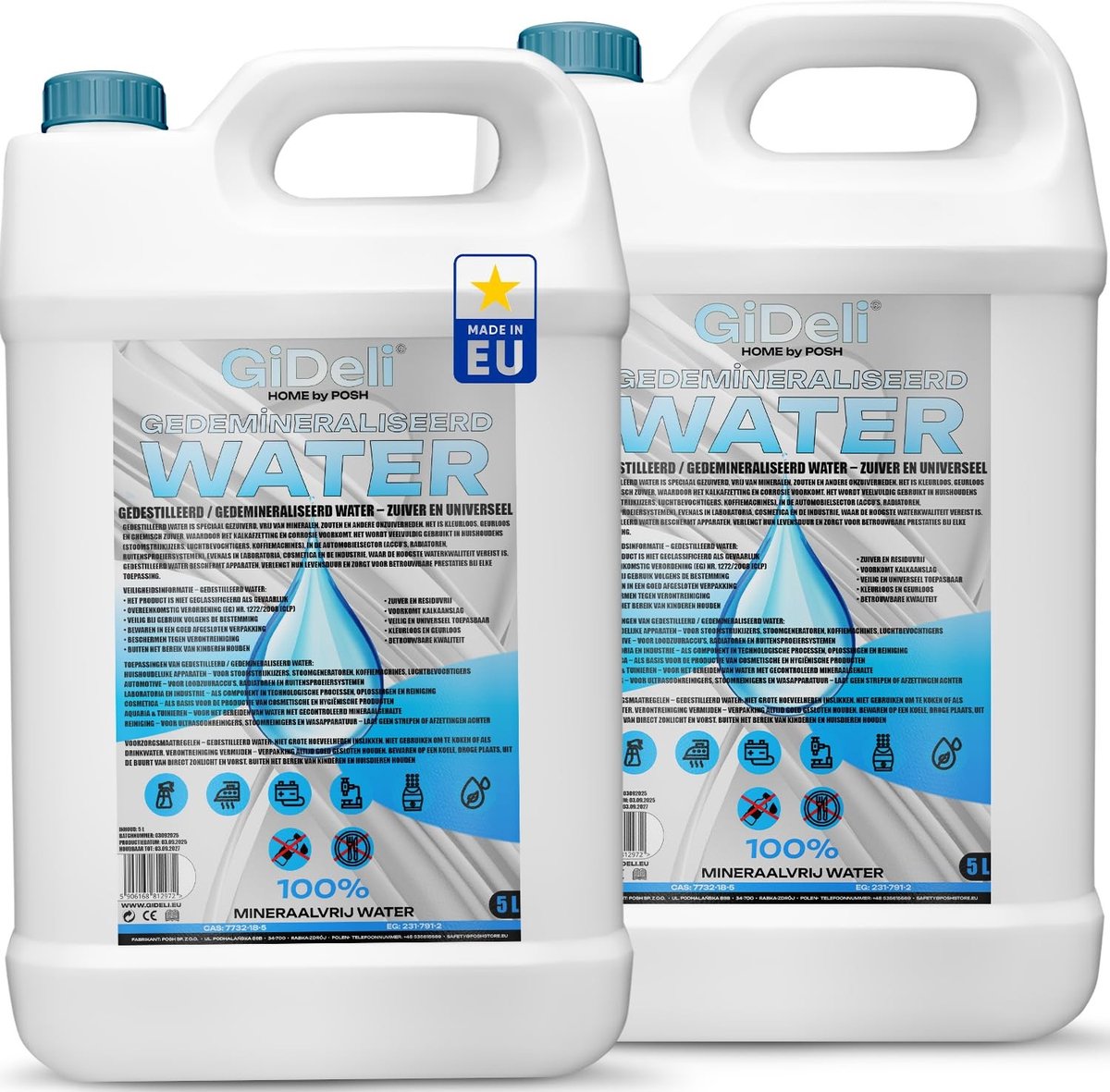 Omgoods - GiDeli Demineralised Water - 2 x 5L Gedestilleerd Water voor Diverse Toepassingen