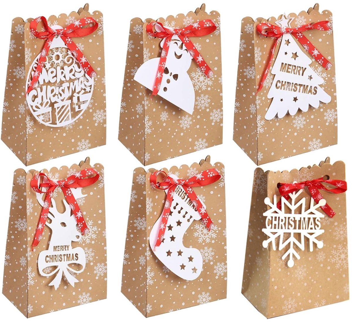 Omgoods - 24 Stuks Kerst Cadeauzakjes van Kraftpapier - Ideaal voor Snoep en Geschenken