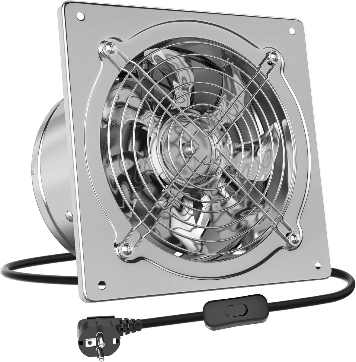 Power Afvoerventilator, 150 mm, stil, 525 m³/uur, met terugloopklep, krachtige metalen wandventilator met EU-stekker voor keuken, badkamer, garage, kelder, zilver