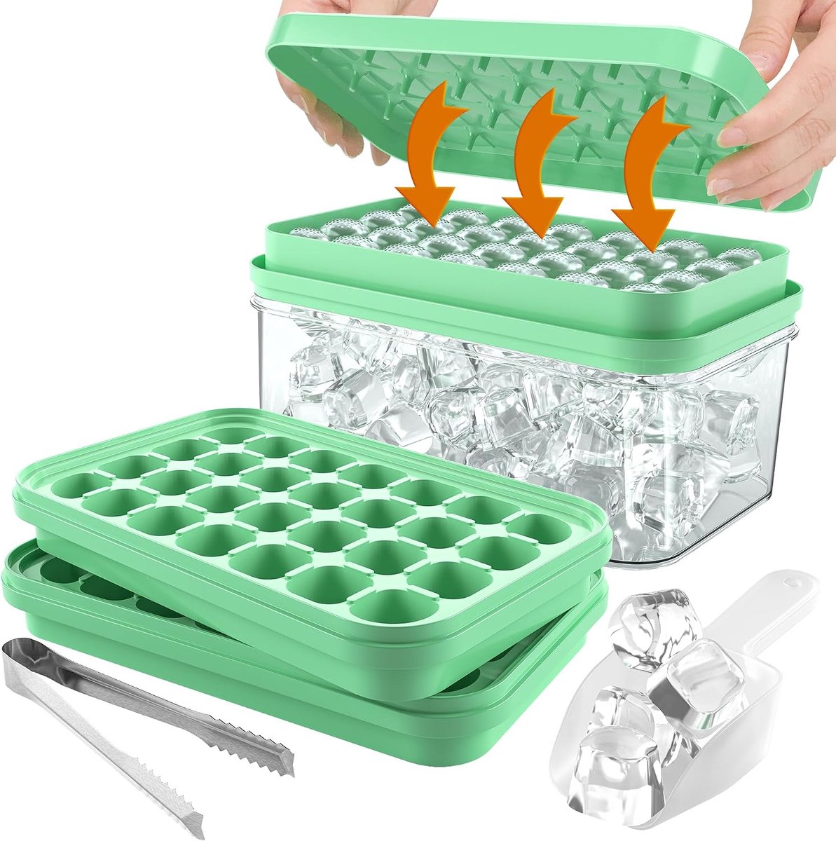 IJsblokjeshouder met deksel en houder, voedselveilige ijsblokjesvorm, dubbellaags stapelbaar, 56 stuks, vierkant, met ijsschep voor babypap, dranken, fruit, whisky (groen)