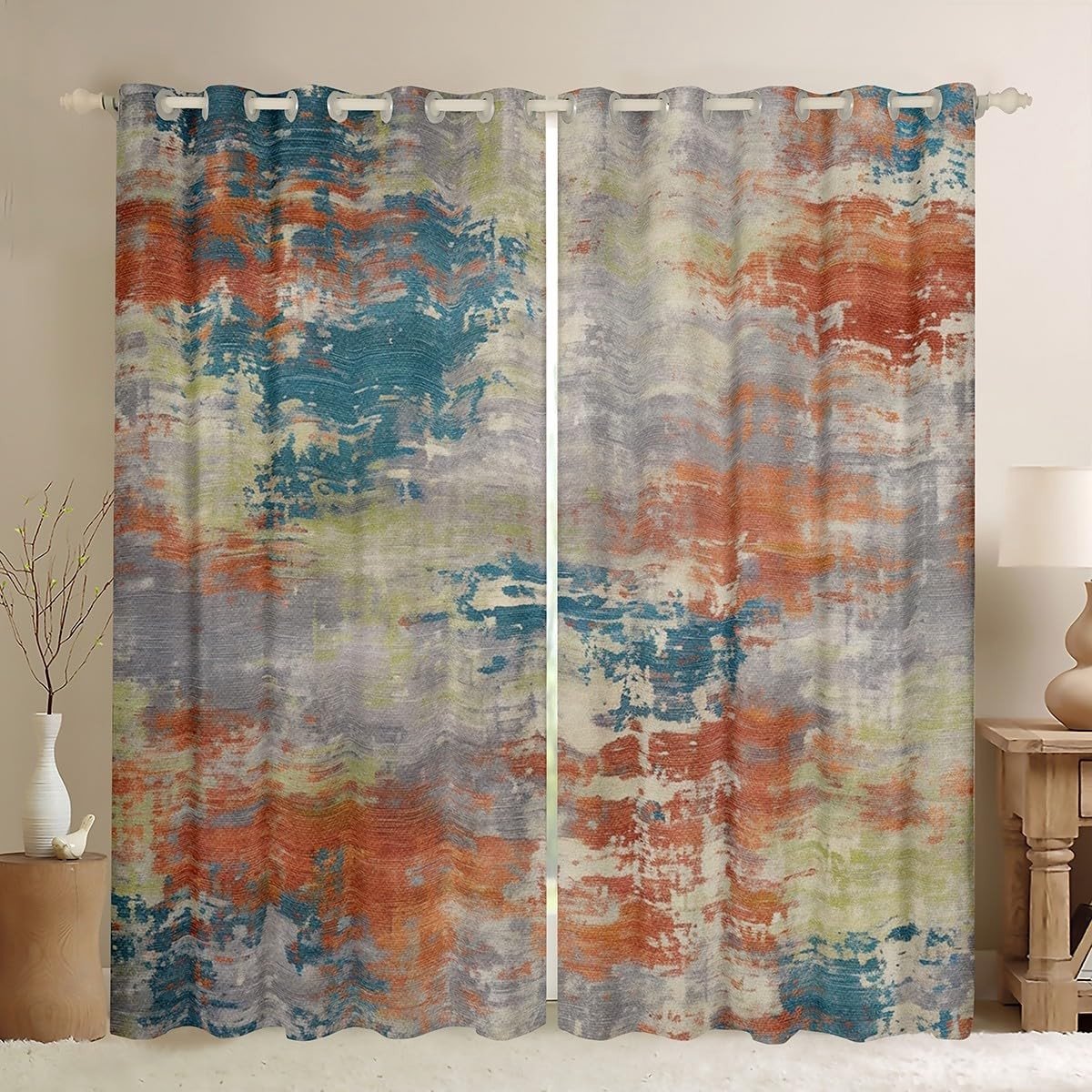 Omgoods - Oranje en Blauwe Waterverf Gordijnen - Moderne Abstracte Verduisterende Gordijnen