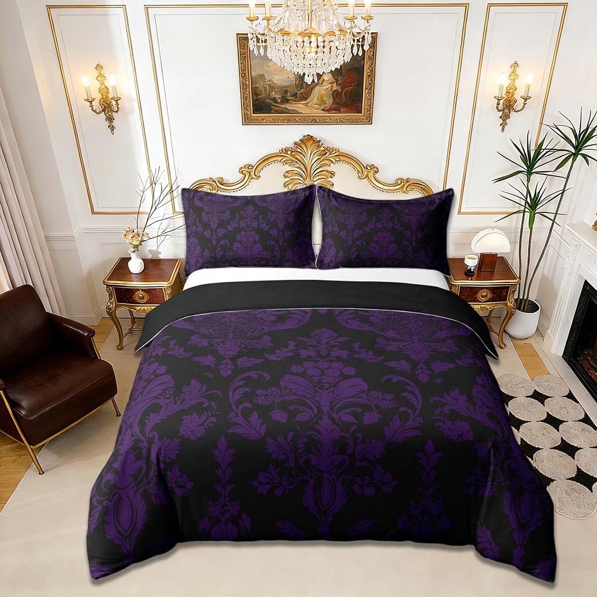 Omgoods - Vintage Damask Dekbedovertrekset met 2 Kussenslopen, Paars-Zwart