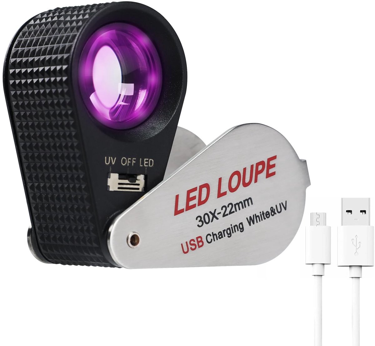 Omgoods - 30X Verlichte Loup Magnifier - Opvouwbare Juweliers Vergrootglas met LED en UV Licht