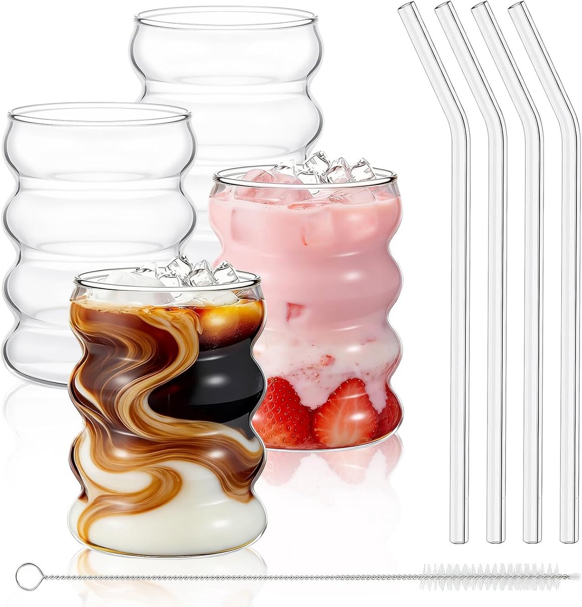 Bubble Glazen, Drinkglazen Set met Glazen Rietje, 4-Delige Latte Macchiato-Glazen, Koffieglazen, Ijskoffieglazen, Golvende Matcha Glazen, Longdrinkglazen, Set Voor Koffie, Cocktail, Bubble Tea