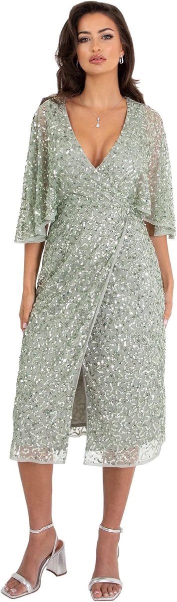 Deluxe Womens Midi Dress Ladies Sequin Embellished Cape Sleeve Wrap Dress For Wedding Guest Bridesmaid Cocktail Prom Evening dames Gekleed