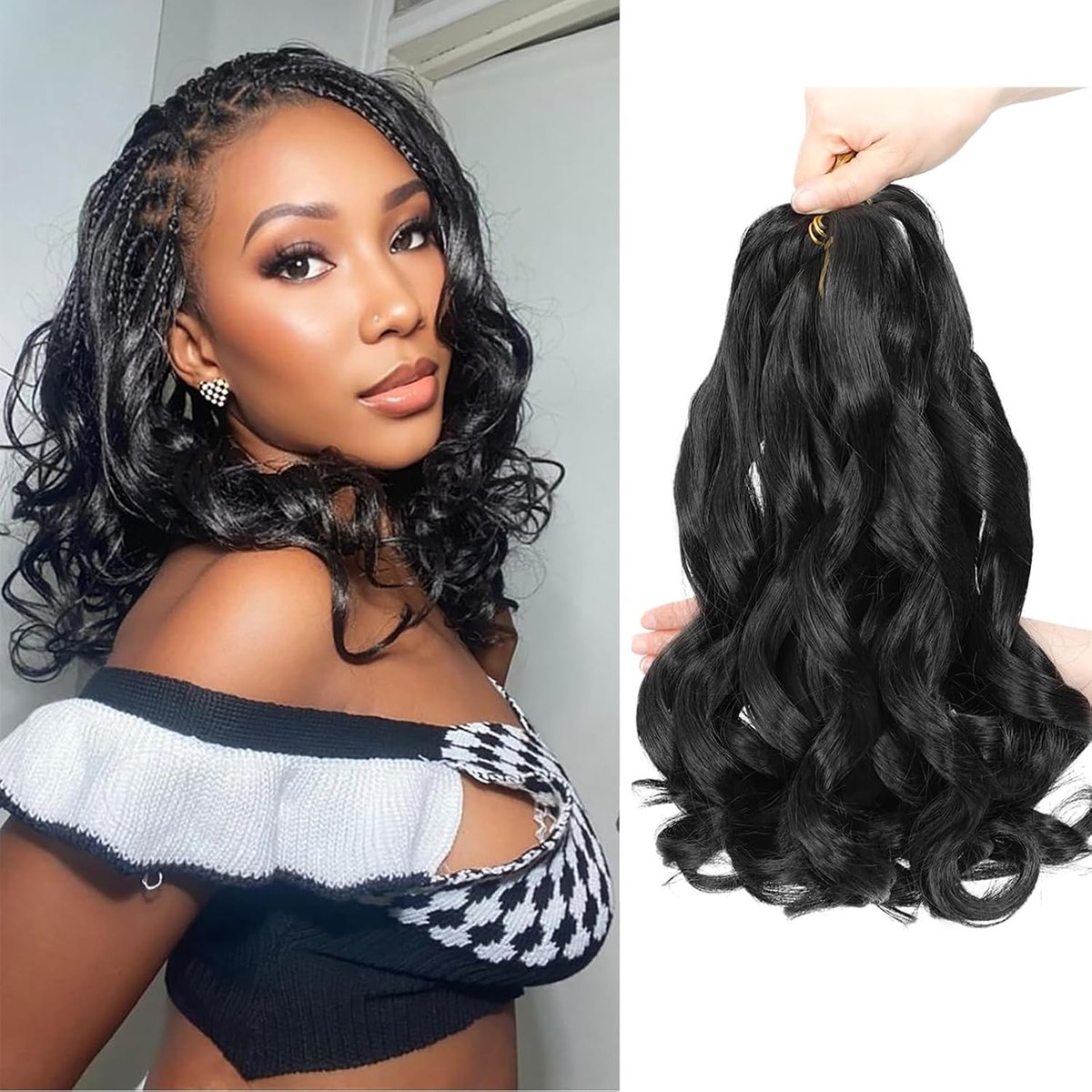 8 Pakketten Frans Krullend Vlechthaar, 30 cm, Los, Golvend, Spiraal Krullend Vlechthaar Extensions 50g/Pakket Zacht Frans Krullend Synthetisch Haar voor Vlechten (1B)