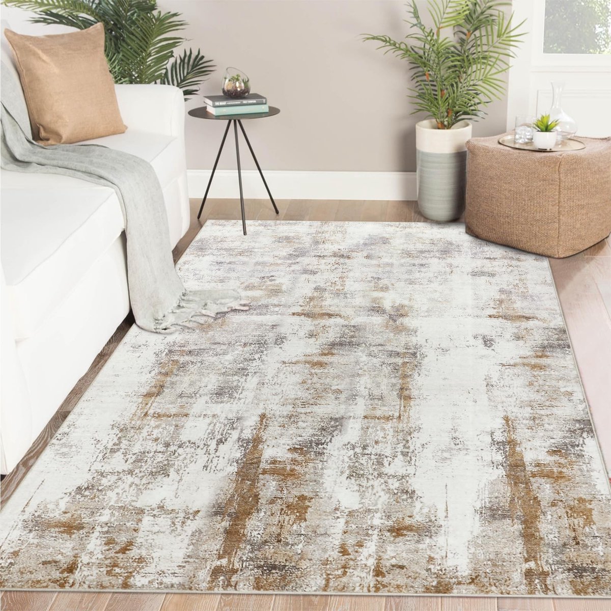 Omgoods - Vloerkleed voor Woonkamer en Slaapkamer - Wasbaar Beige Bruin Abstract 120 x 170 cm