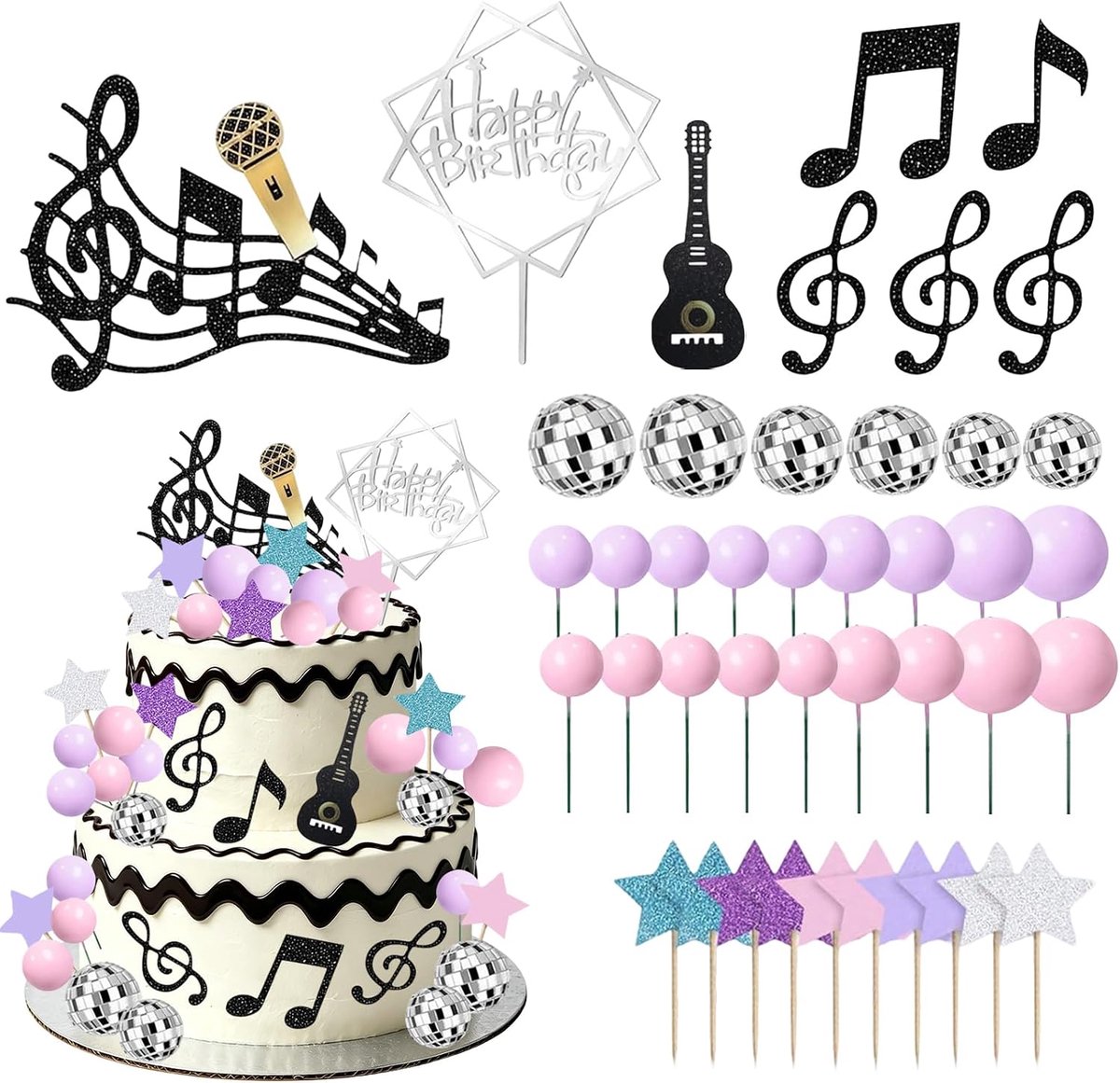 "Happy Birthday", muziek, 42 stuks, muzieksleutel, discobal, gitaar, sterren, muzieknoten, cupcake-topper voor Rock n Roll, verjaardag, babyshower, bruiloft