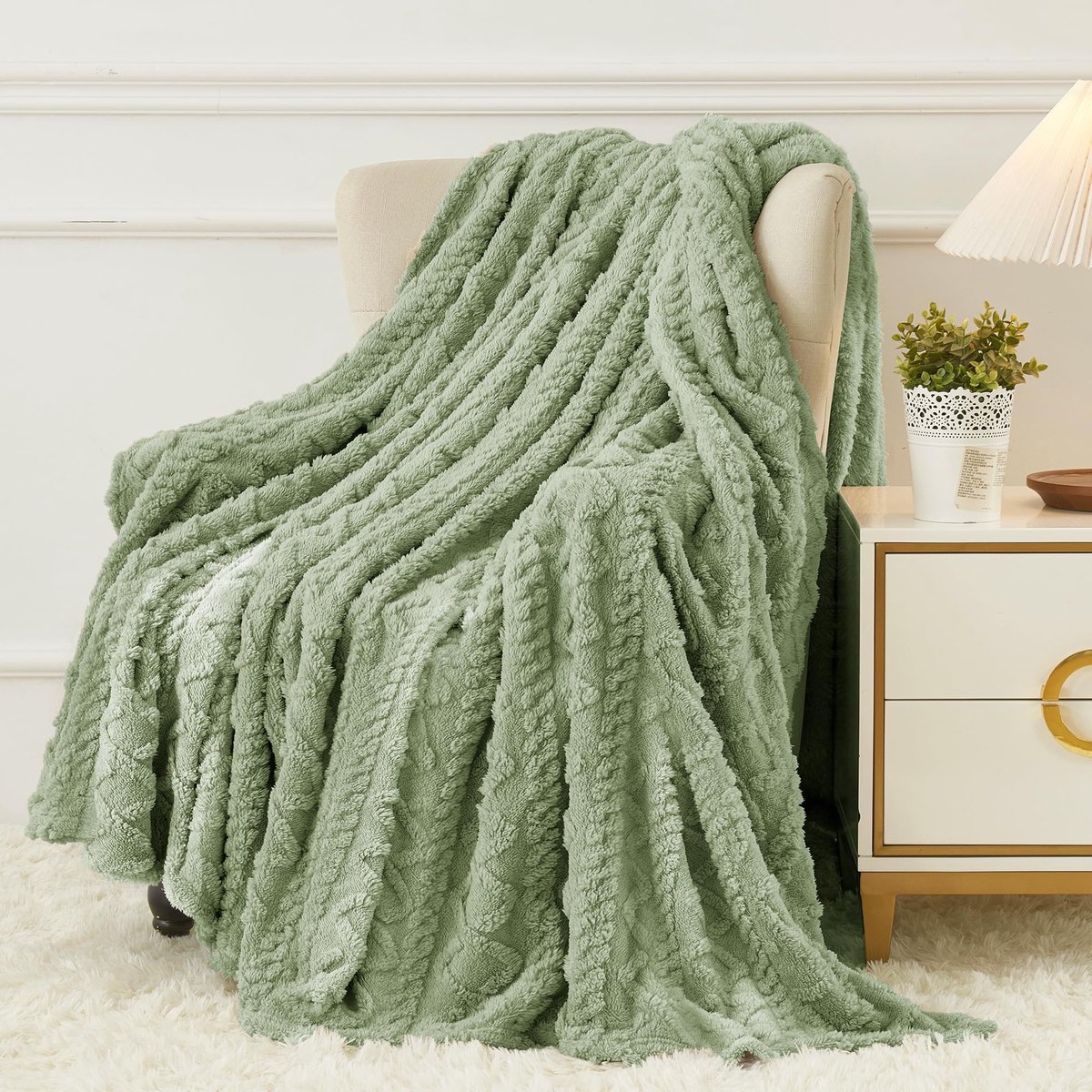 Omgoods - Fleece Deken voor Dames - Zachte en Lichtgewicht Throw voor de Bank (50 x 60 inch, Salie Groen)