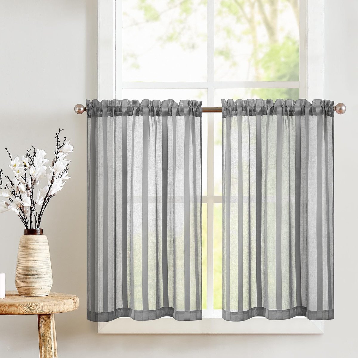 Omgoods - Transparante Gordijnen met Trekkkoord - 90 x 90 cm - Grijs - Set van 2