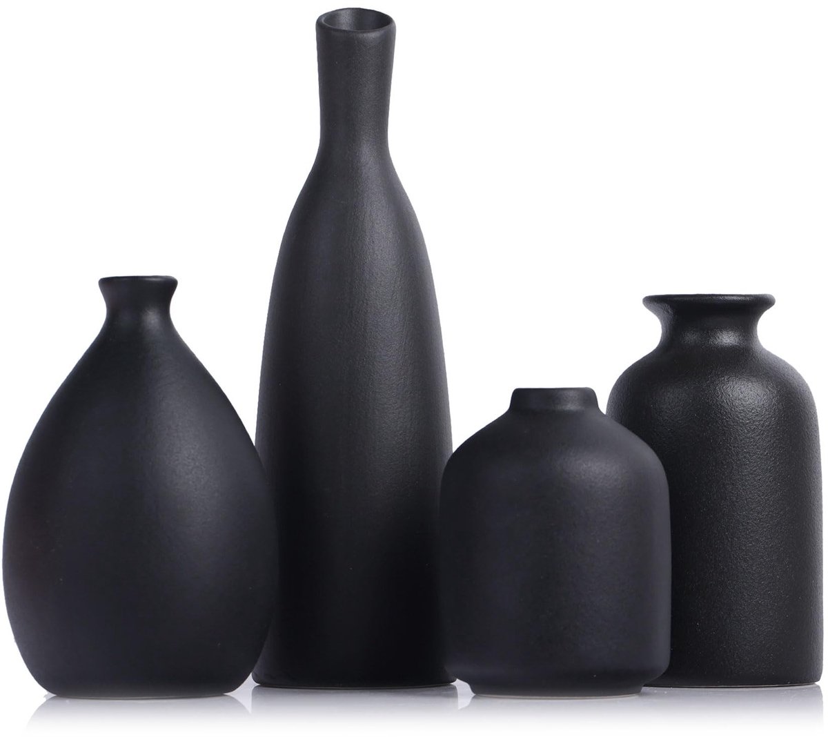 Omgoods - Set van 4 Zwarte Keramische Bud Vazen - Decoratie voor Woonkamer, Badkamer, Keuken en Kantoor