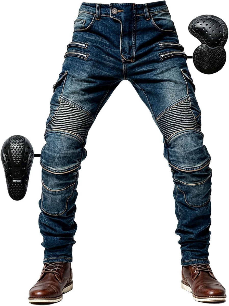 Motorbroek van jeans voor heren met bescherming, voor op de motorfiets, 4 x beschermende uitrusting