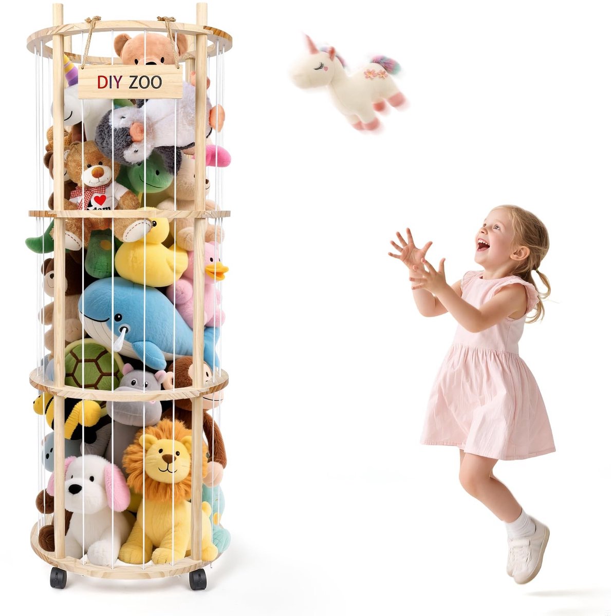 Omgoods- Knuffeldierenopbergruimte 360° Wielen - Opbergdoos - Verstelbare Touwen - Lamellendesign - Hoogwaardig Hout - 48,2 x 30 x 130 cm