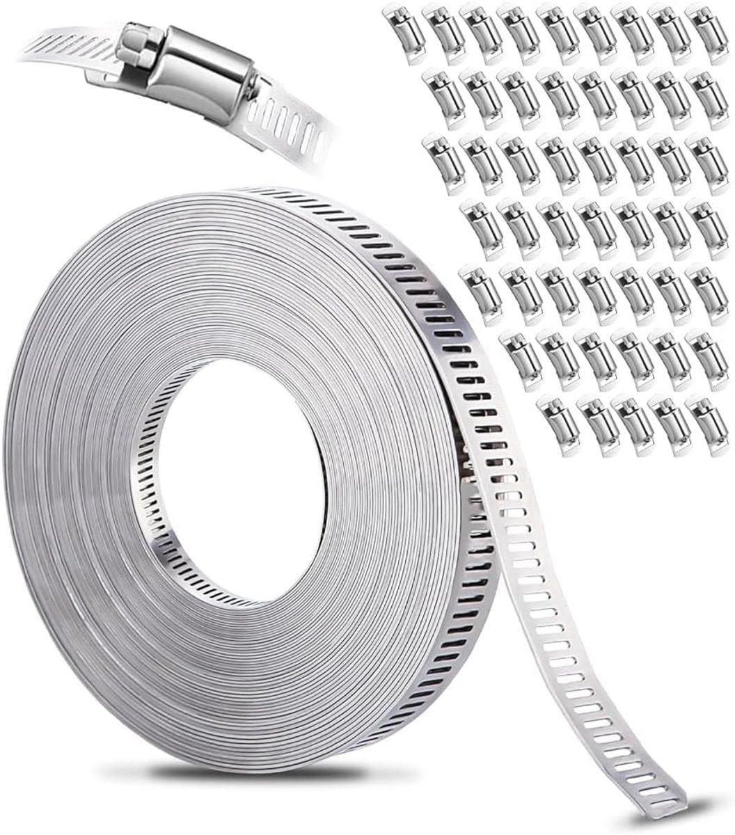 Slangklemmen 304 roestvrij staal, 20 m gatenband van metaal + 50 stuks bevestiging, doe-het-zelf slangklemmenset, verstelbare slangklem, voor waterleiding, tank, gasbuis, koeler, auto-tubing