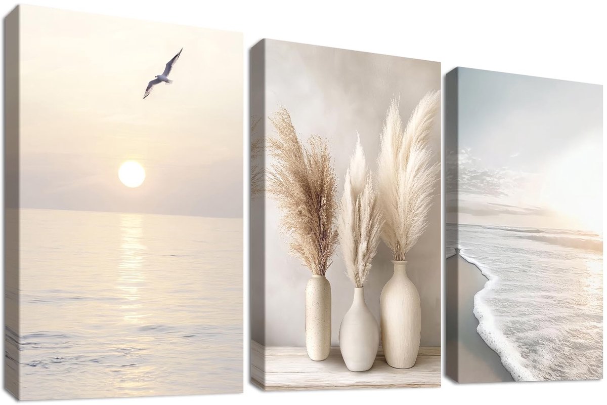 Omgoods - 3 Delige Canvas Wanddecoratie met Pampasgras en Oceaan - Minimalistische Decoratie