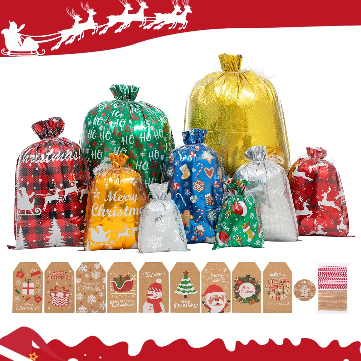 Omgoods - Stevige Kerst Geschenktassen met Trekkoord - 52 Stuks in Diverse Patronen en Maten