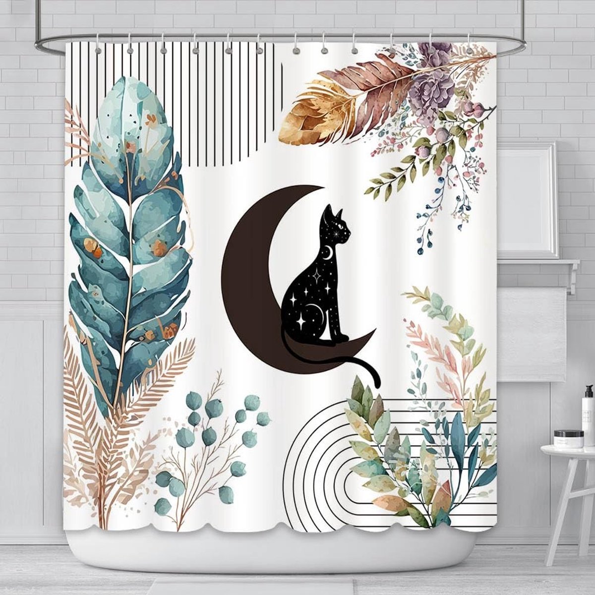 Omgoods - Boho Douchegordijn 180x180 cm met Zwart Kat en Maan