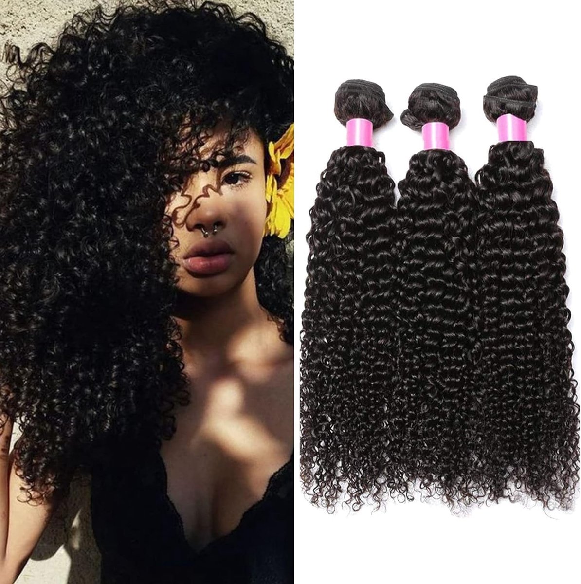 - 3 Braziliaanse haarbundels,Deep Curly,50g/bundel, 150 g in totaal,20 inch(50.8cm), echt haar, steil, haarverlenging 8A