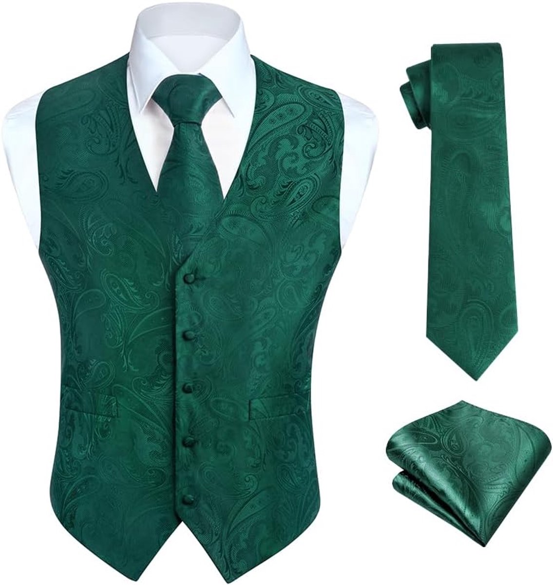 Paisley gilet voor heren, jacquard bloemenmotief, stropdas, pochet, voor bruiloftsfeest, zakelijke pasvorm, set met gilet, XS - 6XL