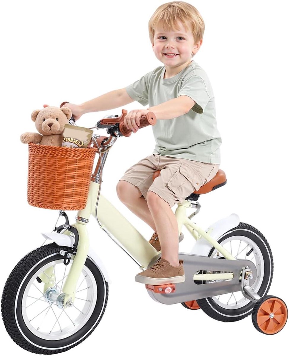 Kinderfiets 12 inch - Loopfiets Stabilisatoren - Eerste Fietsritjes - Inclusief Bel Mandje - 12 inch - Geel