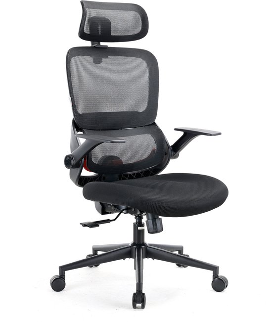 Zijaanzicht van een zwarte ergonomische bureaustoel met hoofdsteun, armleuningen en verstelbare lendensteun.