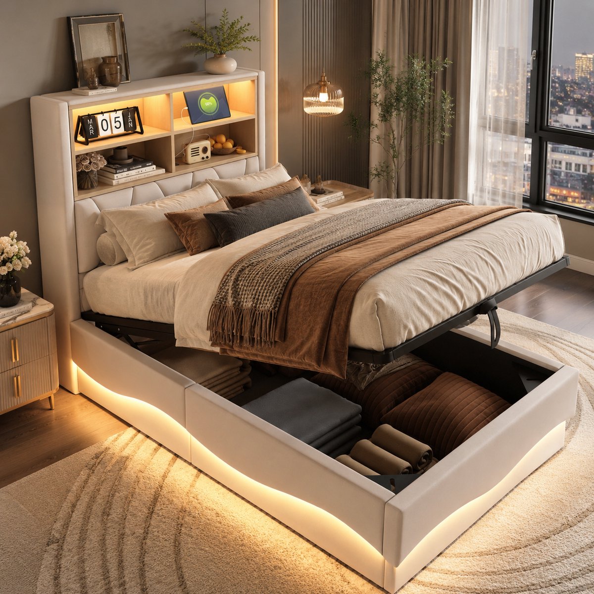 Eenpersoonsbed 90x200 cm - Gestoffeerd bed - Multifunctioneel bed - Met LED-lampen en USB-oplaadpoort - Met opbergruimte - Beige
