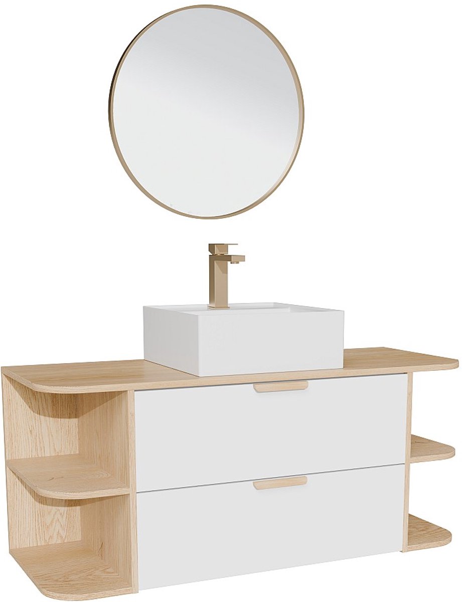 Vente-unique Zwevend badkamermeubel met nissen, vierkante opbouwwastafel, kraan en spiegel - Wit en natuurlijk licht - B120 cm AVORELI