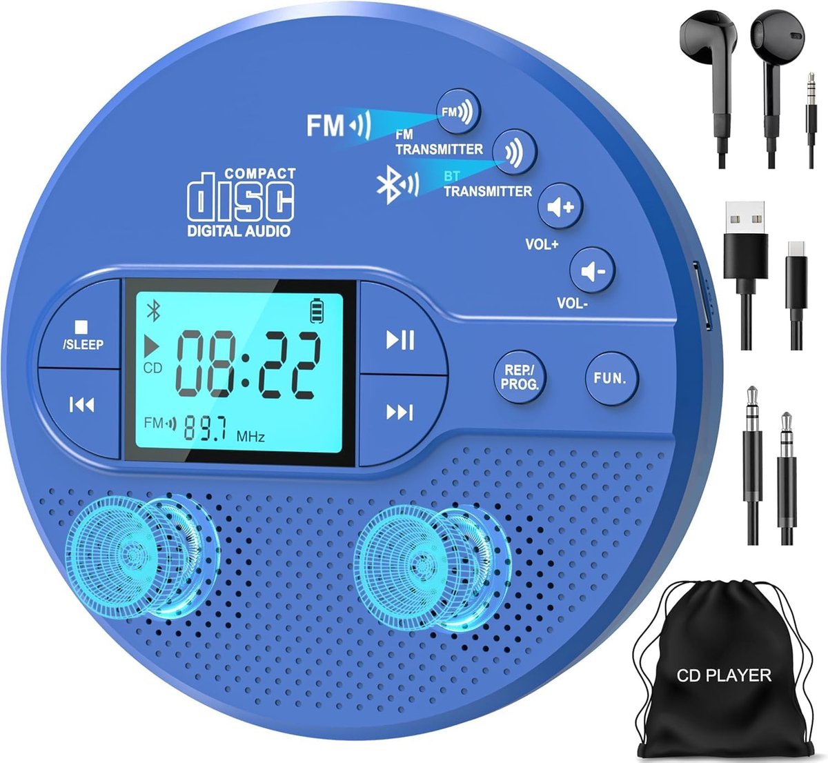 SnelShoppen - Draagbare CD Speler met Bluetooth, Oplaadbare 2000 mAh Batterij, FM-zender, USB, AUX, Hoofdtelefoon, Anti-Skip/Schokbestendig, Walkman v