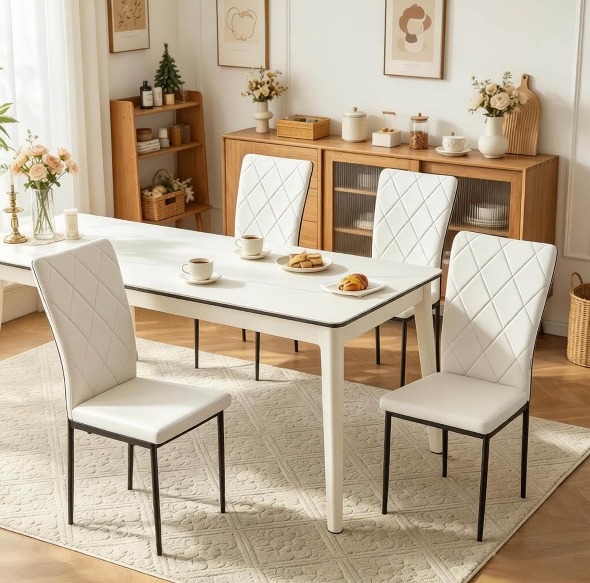 COVREO Eetkamerstoel set van 4, 42 x 94,5 x 59 cm zwart wit, kunstleer, hoge rugleuning