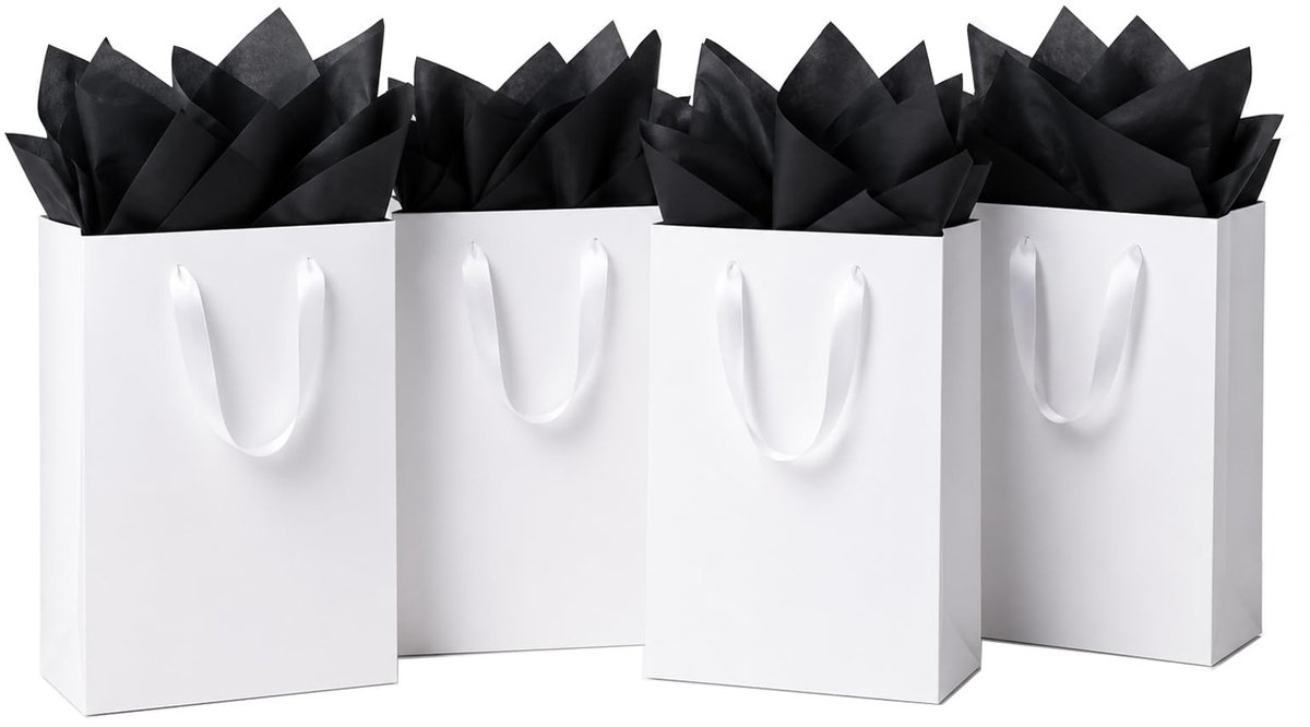 Omgoods - 10 Luxe Witte Cadeautassen met Zwart Tissuepapier - Perfect voor Feesten en Bruiloften