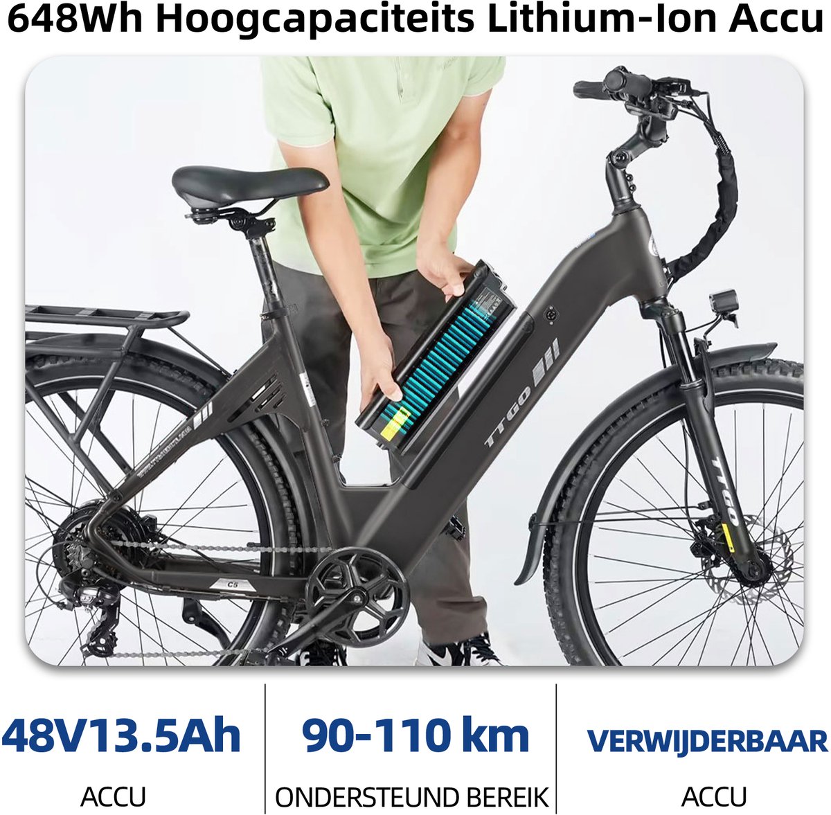 TTGO C5 Elektrische Fiets – 250W Motor – 48V 13.5Ah Accu – 90-110 km Bereik – 27.5"×2.4" Banden – Drievoudige Vering – Shimano 7s – Hydraulische Schijfremmen - Grijs thumbnail 5