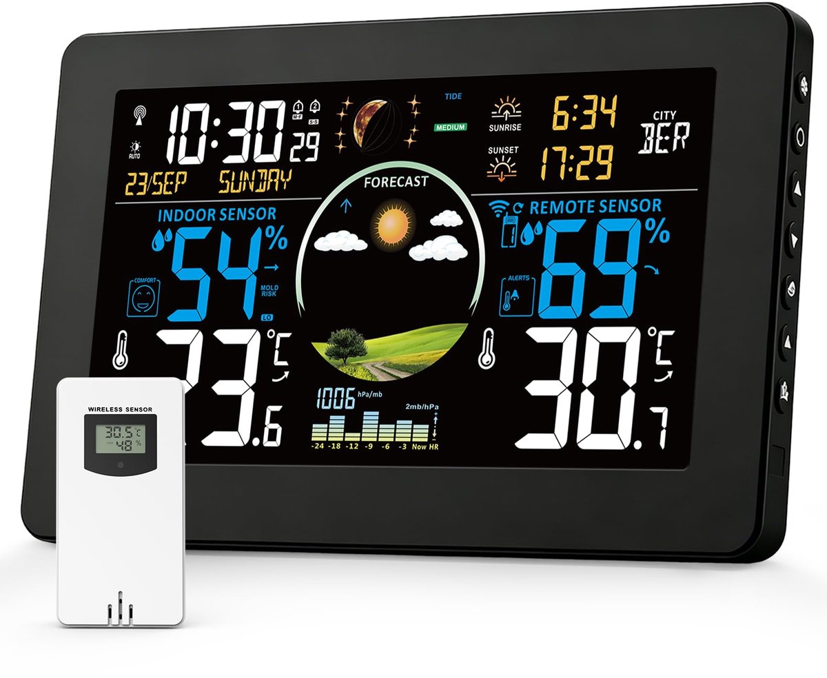 Draadloos Weerstation met Buitensensor - Digitale Weermeter met Temperatuur, Luchtvochtigheid en Luchtdruk - Weersvoorspelling Display met Alarmfunctie - Multifunctionele Thermometer voor Binnen en Buiten - Weerstation Klok voor Thuis