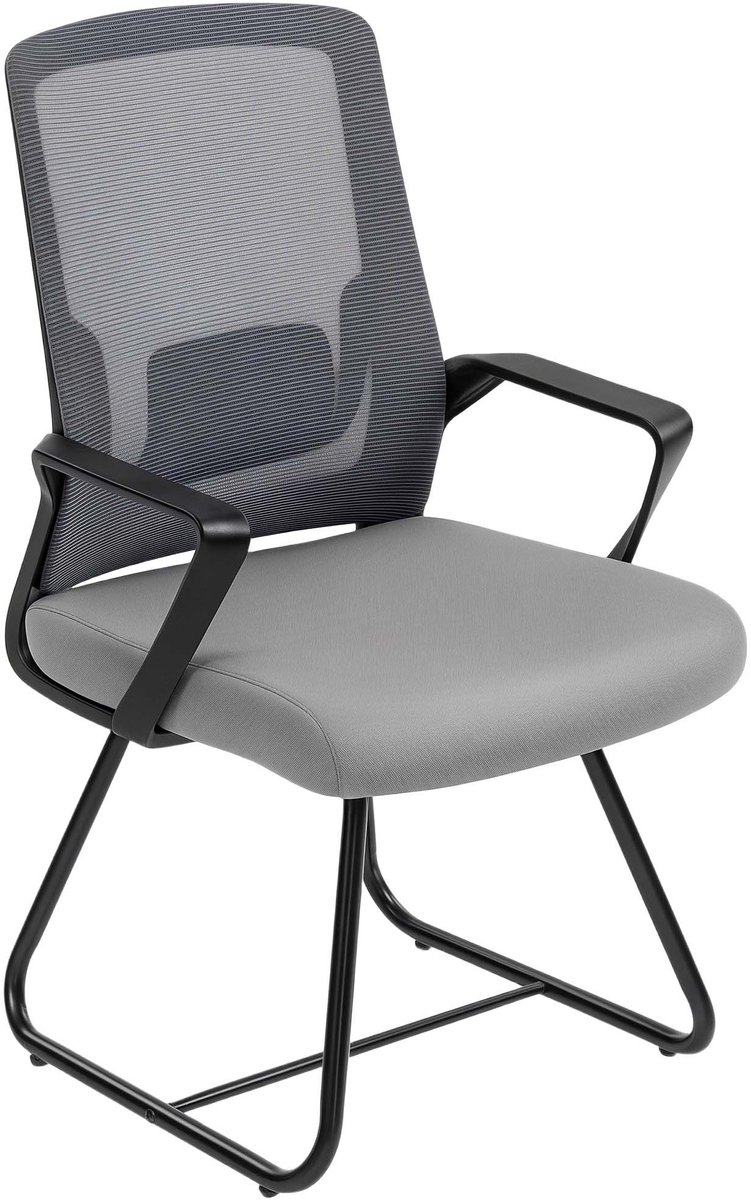 Bureaustoel vergaderstoel 57x56x97 cm donkergrijs met armleuningen ademende mesh rugleuning lumbale ondersteuning en versterkt zittingkussen ergonomisch comfortabel ontwerp vaste voet zonder wielen geschikt voor wachtkamers vergaderruimtes