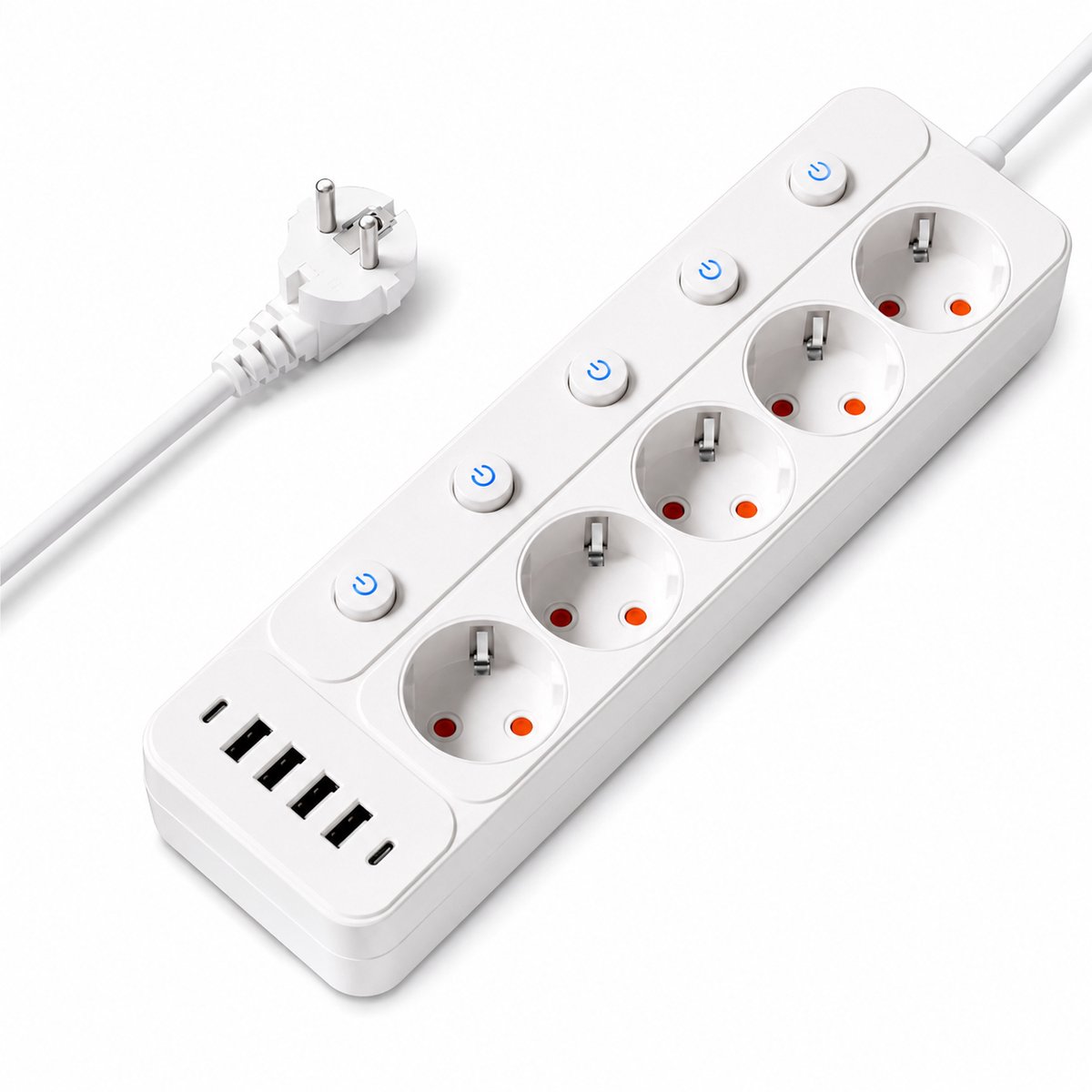 VHV - Stekkerdoos met USB-C - 5 stopcontacten, 4 USB- en 2 USB-C-poorten - Individuele schakelaars - Kabel 1,8 m
