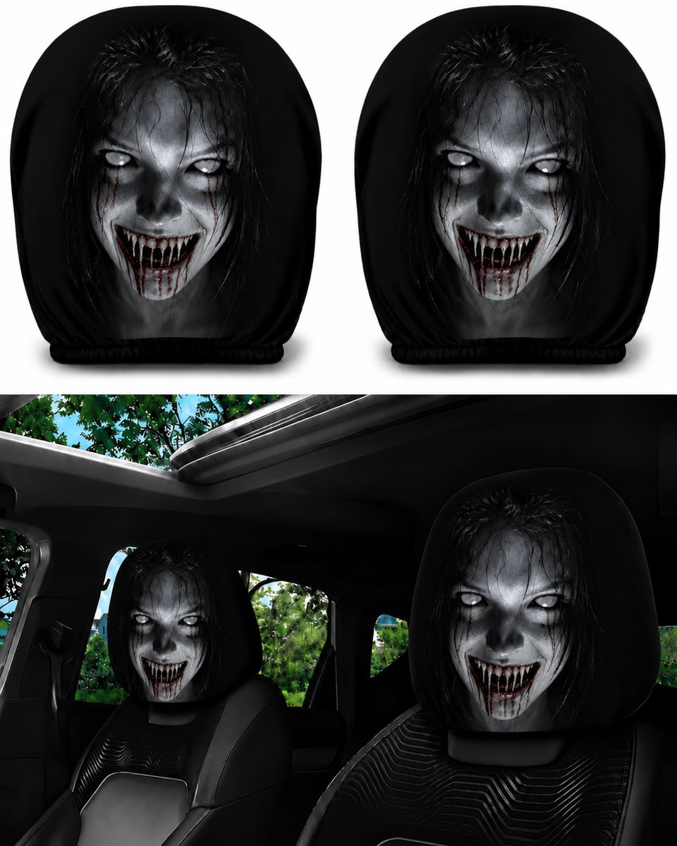 Daity Halloween Auto Hoofdsteun Hoezen Set van 2, Eng angstaanjagend gezicht print, universeel passend, elastisch stof, grappig auto interieur decoratie voor feest en grappen