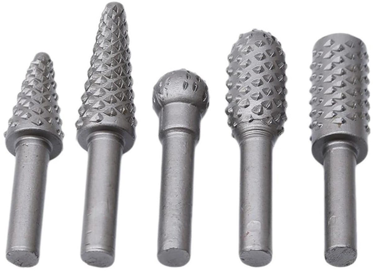 Roterende Braamrasp Set - Houtsnijwerk Vijlrasp - Ontbramen en Vormgeven - 5 Verschillende Kopvormen - 6 mm Schacht - Zwart/Zilver